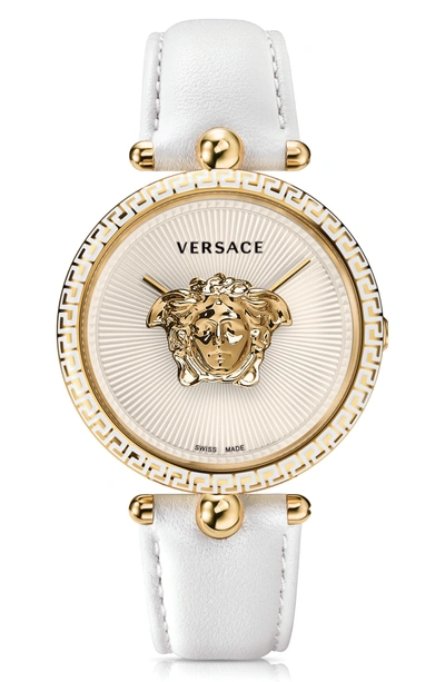 Shop Versace Palazzo Empire Leather Strap Watch, 39mm In White/ Gold