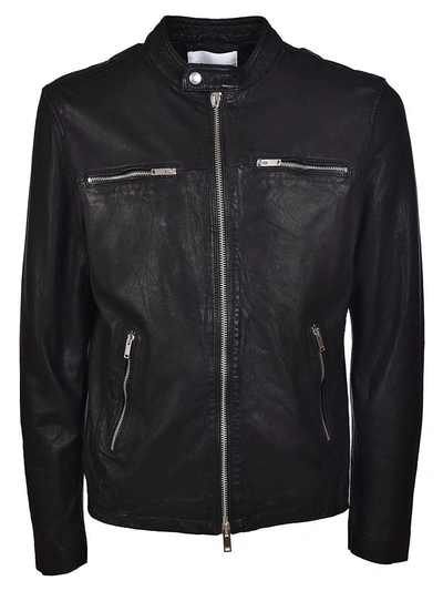 Shop Dondup Band Collar Leather Jacket In Black