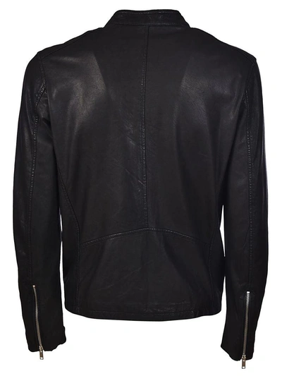 Shop Dondup Band Collar Leather Jacket In Black