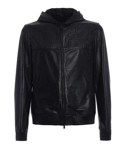 Shop Fendi Logo Embossed Leather Jacket In F0qablack