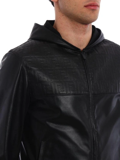 Shop Fendi Logo Embossed Leather Jacket In F0qablack