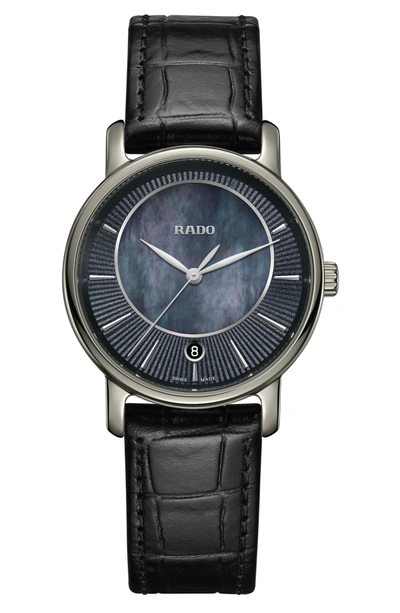 Shop Rado Diamaster Leather Strap Watch, 33mm In Black/ Mop/ Titanium
