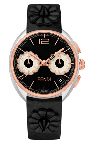 Shop Fendi Momento Floral Chronograph Leather Strap Watch, 40mm In Black/ Silver/ Rose Gold
