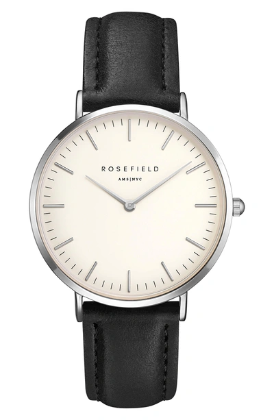 Shop Rosefield Bowery Leather Strap Watch, 38mm In Black/ White/ Silver