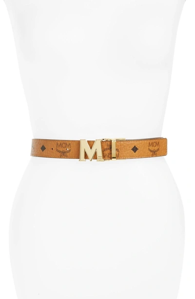 Shop Mcm Visetos Reversible Leather Belt In Cognac