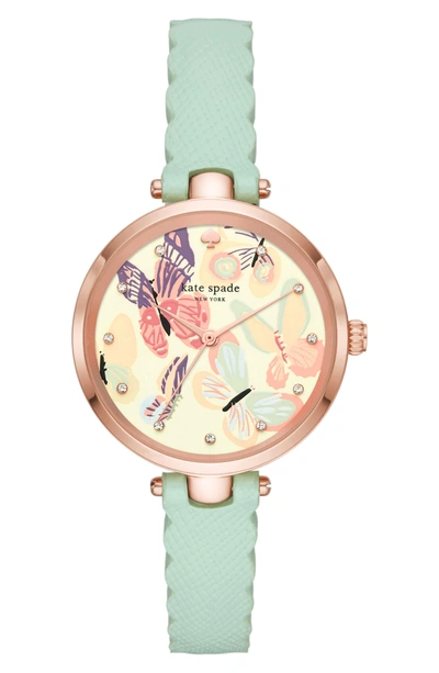Shop Kate Spade Holland Butterfly Leather Strap Watch, 34mm In Green/ Blue/ Pink