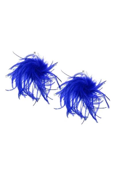 Shop Tuleste Ostrich Feather Pompom Earrings In Silver/ Cobalt Blue