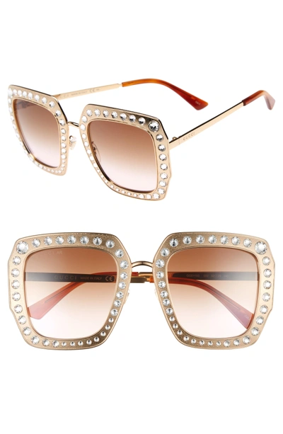 Gucci Gg0115s 002 Gold Crystals Square Sunglasses In Gold/ Brown | ModeSens