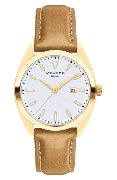 Shop Movado Heritage Datron Leather Strap Watch, 31mm In Cognac/ White/ Gold