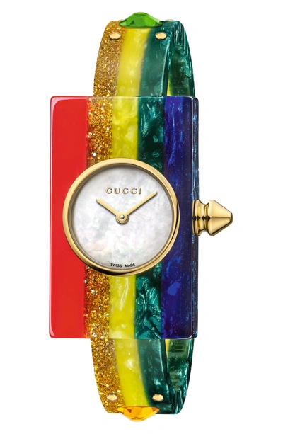 Shop Gucci Plexiglas Watch, 24mm X 40mm In Rainbow/ Mop/ Gold