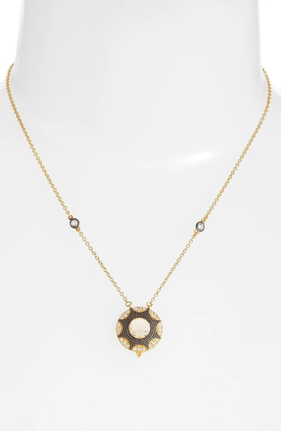 Shop Freida Rothman Round Pendant Necklace In Gold/ Black Rhodium