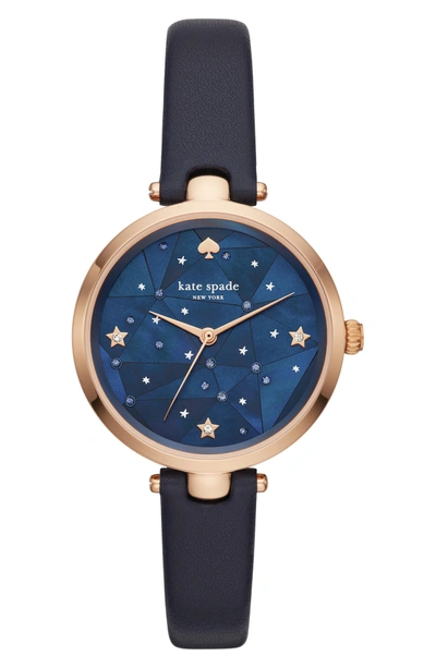 Shop Kate Spade Holland Constellation Leather Strap Watch, 34mm In Blue/ Rose Gold