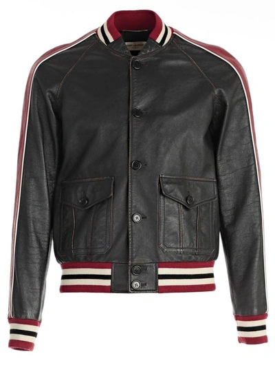 Shop Saint Laurent Leather Jacket In Black Cognac Red