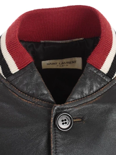 Shop Saint Laurent Leather Jacket In Black Cognac Red