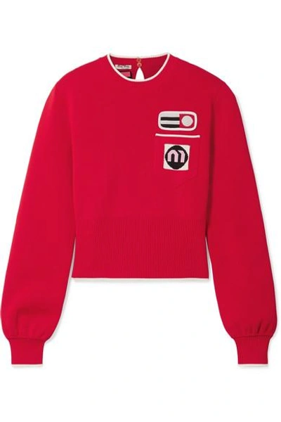 Shop Miu Miu Appliquéd Intarsia-knit Sweater In Red