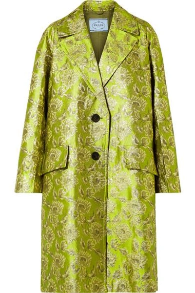Shop Prada Metallic Brocade Coat In Green