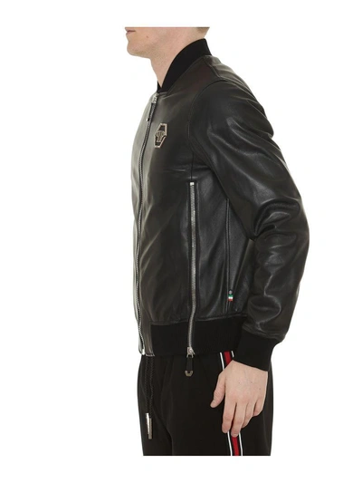 Shop Philipp Plein Serge Leather Jacket In Black-red
