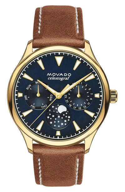Shop Movado Heritage Multifunction Leather Strap Watch, 36mm In Brown/ Blue/ Gold