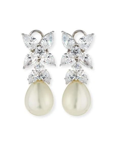 Shop Fantasia By Deserio 10.0 Tcw Flower Top Cz & Simulated Pearly Drop Earrings In Clear