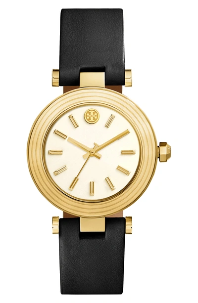 Shop Tory Burch Classic-t Leather Strap Watch, 36mm In Black/ Ivory/ Gold