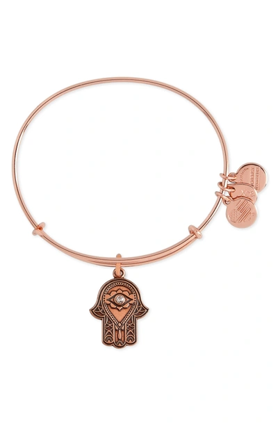 Shop Alex And Ani Hand Of Fatima Adjustable Wire Bangle In Rose Gold
