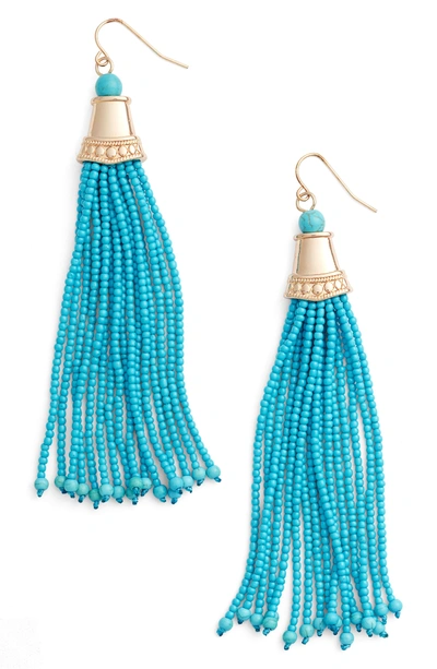 Shop Adia Kibur Beaded Tassel Earrings In Turquoise