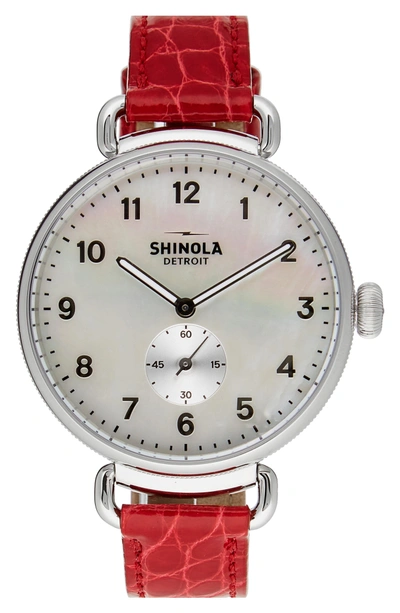 Shop Shinola The Canfield Alligator Strap Watch, 38mm In Red/ Mop/ Silver