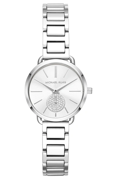 Shop Michael Kors Portia Round Bracelet Watch, 31mm In Silver/ White/ Silver