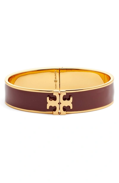 Shop Tory Burch Raised Logo Enamel Hinge Bracelet In Burgundy/ Tory Gold