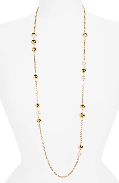 Shop Tory Burch Imitation Pearl Station Necklace In Ivory / Tory Gold