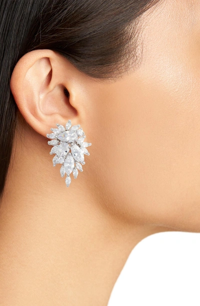 Shop Nina Cluster Omega Clip Earrings In Silver/ White Cz