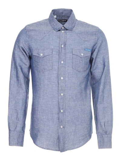 Shop Dolce & Gabbana Western Shirt In Melange Azzurro-blu (blue)