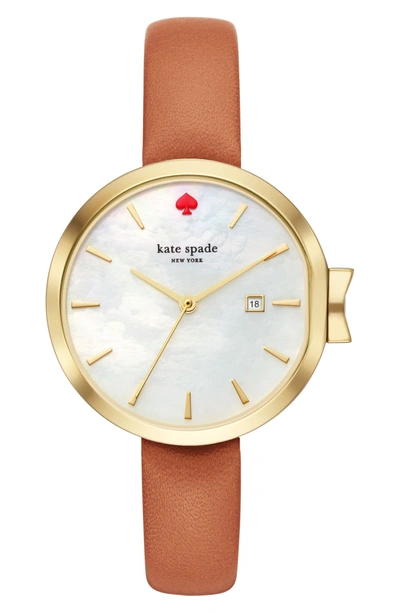 Shop Kate Spade Park Row Leather Strap Watch, 34mm In Brown/ Mother Of Pearl/ Gold