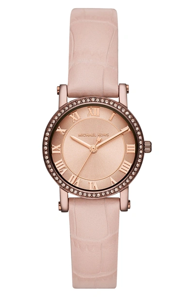 Shop Michael Kors Norie Crystal Leather Strap Watch, 28mm In Pink/ Rose Gold/ Brown