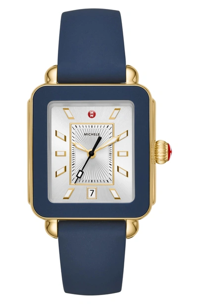 Shop Michele Deco Sport Watch Head & Silicone Strap Watch, 34mm X 36mm In Blue/ Silver/ Gold