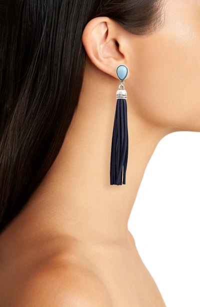 Shop Adia Kibur Faux Suede Tassel Earrings In Dark Blue