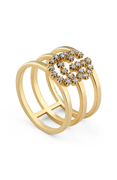 Shop Gucci Double G Diamond Three-row Ring In Yellow Gold