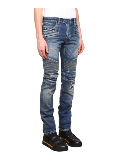 Shop Balmain Faded Indigo Biker Jeans In Blu