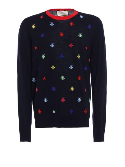 Shop Gucci Bee And Stars Intarsia Knit Sweater In Ink-live Red-multi