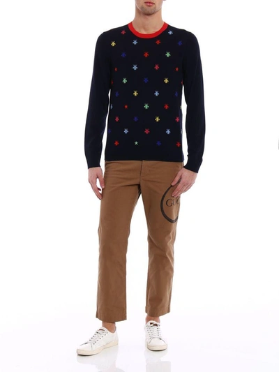 Shop Gucci Bee And Stars Intarsia Knit Sweater In Ink-live Red-multi