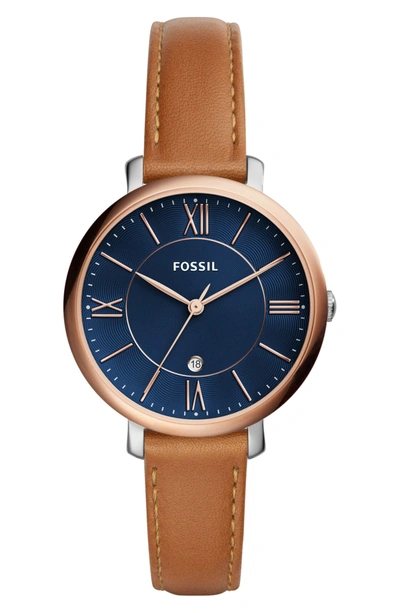 Shop Fossil Jacqueline Leather Strap Watch, 36mm In Brown/ Navy/ Rose Gold