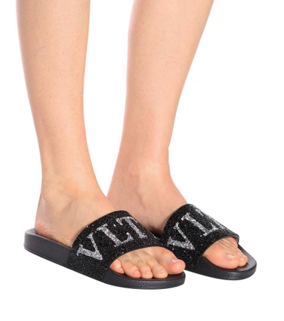 Shop Valentino Garavani Beaded Slides In Black