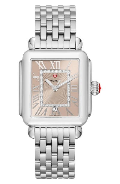 Shop Michele Deco Madison Diamond Dial Watch Case, 33mm X 35mm In Silver/ Beige