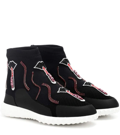 Shop Valentino Embellished Suede Sneakers In Black