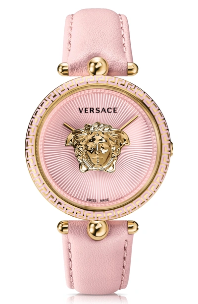Shop Versace Palazzo Empire Leather Strap Watch, 39mm In Pink/ Gold