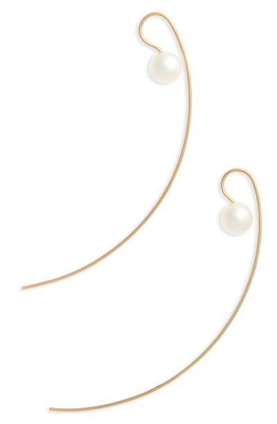 Shop Mizuki Sea Of Beauty Pearl Curved Threader Earrings In Yellow Gold/ White Pearl
