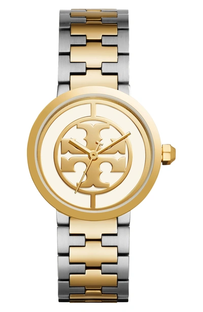 Shop Tory Burch Reva Logo Dial Bracelet Watch, 36mm In Silver/ Ivory/ Gold