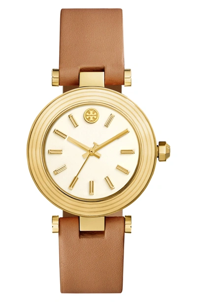 Shop Tory Burch Classic-t Leather Strap Watch, 36mm In Luggage/ Ivory/ Gold