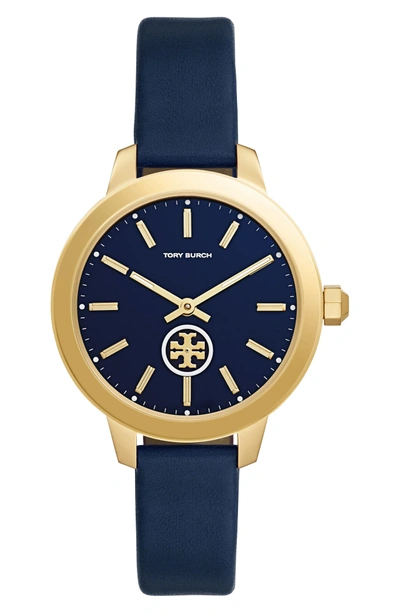 Shop Tory Burch Collins Leather Strap Watch, 38mm In Navy/ Gold