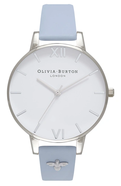 Shop Olivia Burton 3d Bee Leather Strap Watch, 38mm In Chalk Blue/ White/ Silver